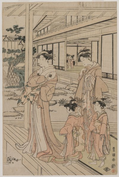 Kurtisane steht auf einer Veranda von Utagawa Toyokuni