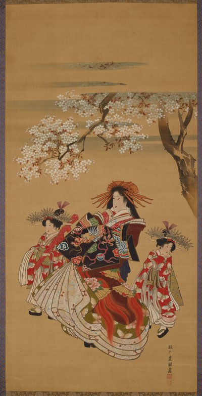 Kurtisane mit zwei Kamuro unter Kirschblüten von Utagawa Toyokuni