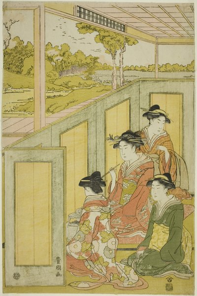 Damen hinter einem Schirm in der Residenz eines Daimyo von Utagawa Toyokuni I