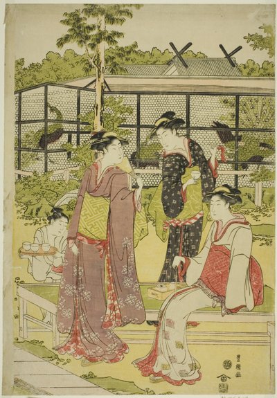 Frauen besuchen das Vogel- und Blumenteehaus (Kachojaya) von Utagawa Toyokuni I