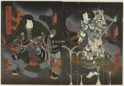 Zwei Schauspieler zwischen Flammen und Rauch von Utagawa Yoshitaki