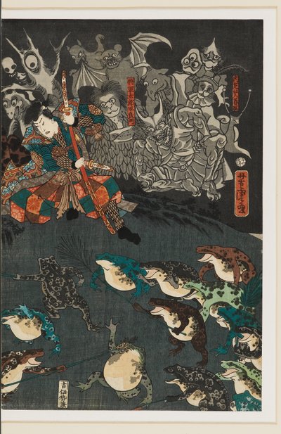 Nikushi der Froschgeist beschwört einen magischen Kampf der Frösche in Tateyama in der Provinz Etchū von Utagawa Yoshitora