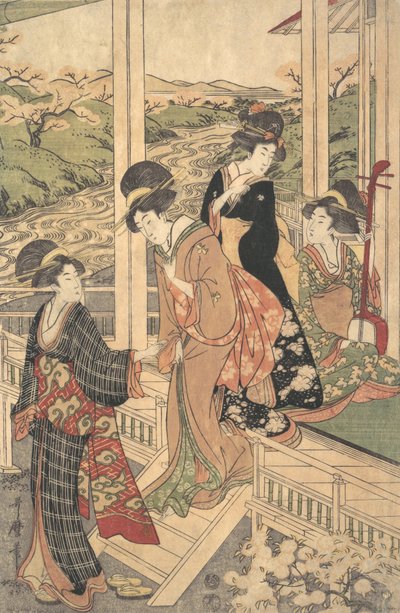 Gruppe von Frauen auf der Engawa eines Landhauses zur Zeit der Kirschblüte von Utamaro II