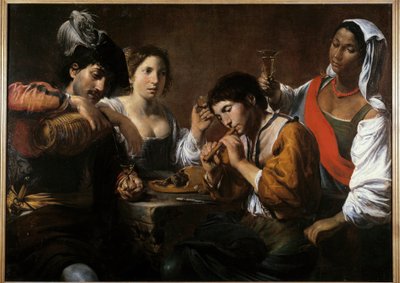 Treffen in einem Kabarett Gemälde von Valentin de Boulogne (1591-1632) 17. Jahrhundert von Valentin de Boulogne