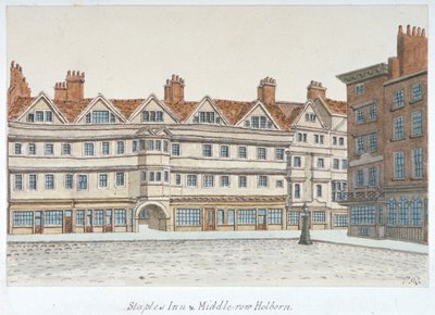 Ansicht von Staple Inn und den Gebäuden von Middle Row im Zentrum von Holborn, London von Valentine Davis