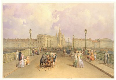 Ansicht der Blagoweschtschenski-Brücke in Sankt Petersburg, 1851 von Vasili Semenovich Sadovnikov