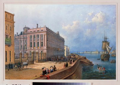 Ansicht des Ufers der Newa und des Marmorpalastes in Sankt Petersburg. Werk von Vasily Semyonovich Sadovnikov (1800-1879), Aquarell auf Papier von Vasili Semenovich Sadovnikov
