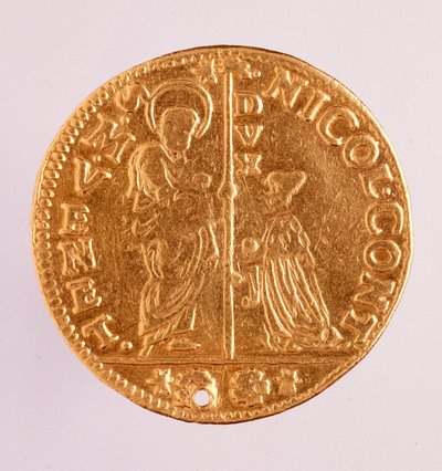 Goldmünze (Zecchino oder Sequin) aus der Republik Venedig: Herrschaft von Doge Nicolo Contarini (1630-1631). Durchmesser 3,4 cm Rom, Museo Nazionale delle Terme von Venetian School