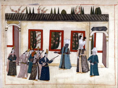 Der Sultan besucht die Favoritin mit der Mutter und dem Oberhaupt der Eunuchen. Miniatur aus „Türkische Denkmäler“ (Codex Cicogna 1971 „Memorie Turchesche“) Aquarell aus der venezianischen Schule des 17. Jahrhunderts. von Venetian School