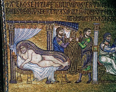 Byzantinische Architektur: „Die Trunkenheit Noahs“ Mosaik von venezianischen Künstlern, 13. Jahrhundert, Basilika San Marco von Veneto Byzantine School