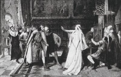 Maria de Molina wehrt die Adligen ab (Lithografie) von Vicente Borras Abella