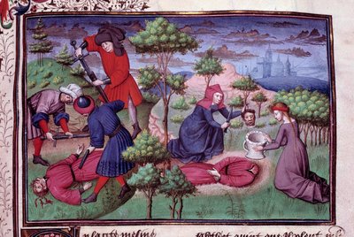 Mordszene von zwei Männern, deren Mörder ihnen den Kopf abschneiden. Seite eines Manuskripts auf Französisch des „Decameron“ von Giovanni Boccaccio genannt Jean Boccace (1313-1375), italienischer Schriftsteller, illuminiert vom Meister von Mansel. 1450. Pa von Vicente de Paredes