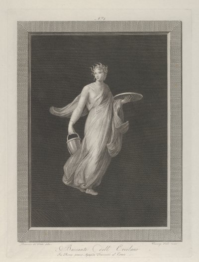 Eine teilweise nackte Bacchantin hält eine Scheibe in ihrer erhobenen linken Hand und einen Eimer, ca. 1795-1820 von Vicenzo Feoli