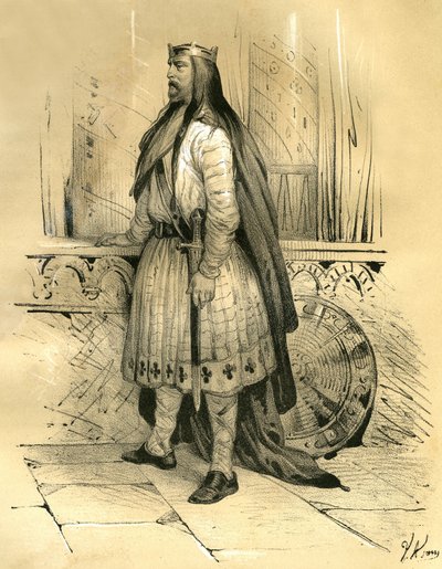 Clodion der Haarige, Anführer der salischen Franken von etwa 428 bis zu seinem Tod 447, wahrscheinlich Vorfahre der Merowinger. Gravur von Victor Adam (1801-1866) im Buch „Frankreich im Mittelalter“ veröffentlicht von den Ardant-Brüdern Mitte des 19. Jahrh von Victor Adam