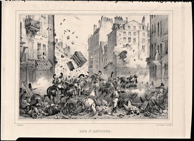 Rue Saint-Antoine im Juli 1830, graviert von H. Delaporte von Victor Adam