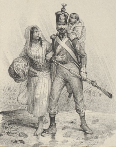 Soldat mit einer Frau am Arm und einem Kind auf dem Rücken, Mitte des 19. Jahrhunderts von Victor Adam