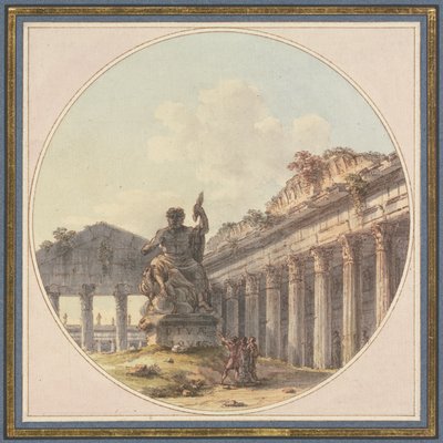 Architektonisches Capriccio: Inneres einer Tempelruine mit einer Statue des Jupiter tonans und Figurenstaffage von Victor Jean Nicolle