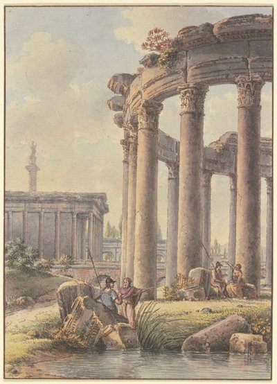 Architektonisches Capriccio: Ruinen eines Rundtempels, im Hintergrund die Trajanssäule von Victor Jean Nicolle