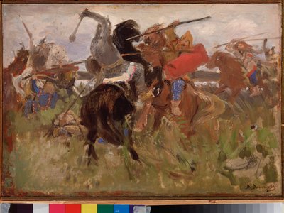 Schlacht zwischen den Skythen und den Slawen, Zusammenstoß von Reitern in Rüstung von Victor Mikhailovich Vasnetsov
