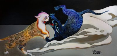 Blau-Goldene Katzenumarmung von Victor Tkachenko