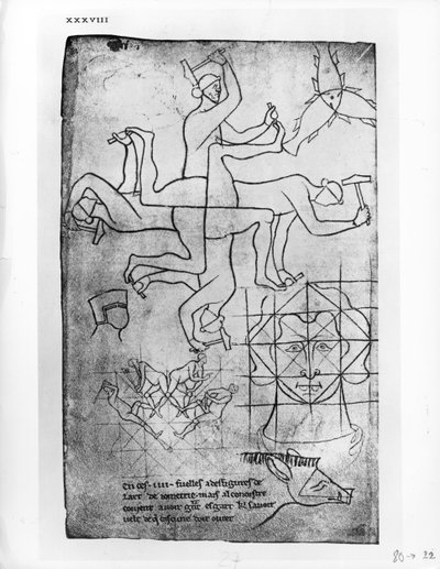 Faksimile-Kopie von Ms Fr 19093 fol.19v Studien von Männern und Tieren von Villard de Honnecourt