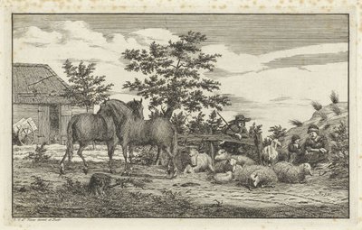 Hirte bei sitzender Frau und Kindern bei Schafen und zwei Pferden von Vincent Jansz. van der Vinne