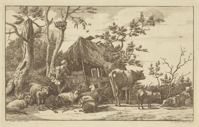 Sitzender Hirte mit Vieh vor einer verfallenen Scheune von Vincent Jansz. van der Vinne