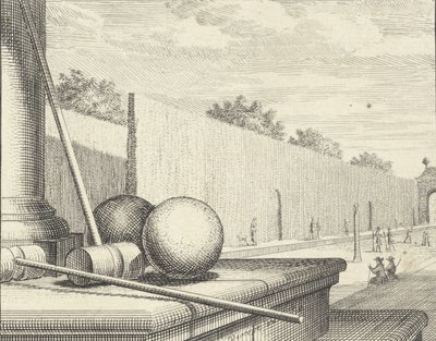 Krocket-Ausrüstung mit Krocketspielern im Hintergrund, 1714 von Vincent Laurensz Vinne van der