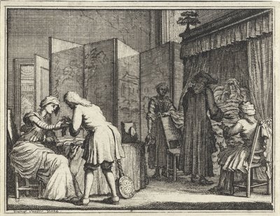 Figuren um ein Krankenbett und ein Arzt, der eine Frau verbindet von Vincent Laurensz. van der Vinne (II)