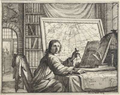 Mann mit Zirkel bei Landkarten von Vincent Laurensz. van der Vinne (II)