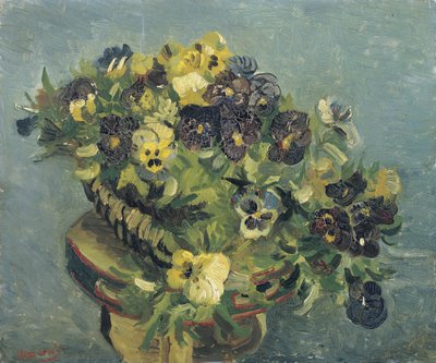 Korb mit Stiefmütterchen auf einem kleinen Tisch von Vincent van Gogh
