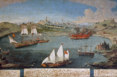 Seeschlacht zwischen venezianischen Schiffen von Marco Ivanovich Dobrota und türkischen Schiffen, 19. April von Vincenzo Chilone
