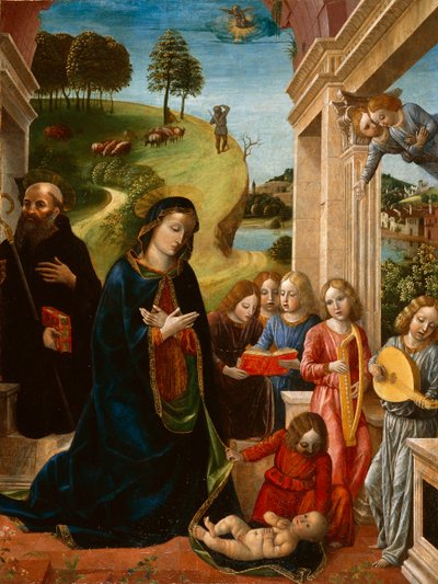 Anbetung des Kindes mit St. Benedikt und Engeln, um 1478 von Vincenzo Foppa