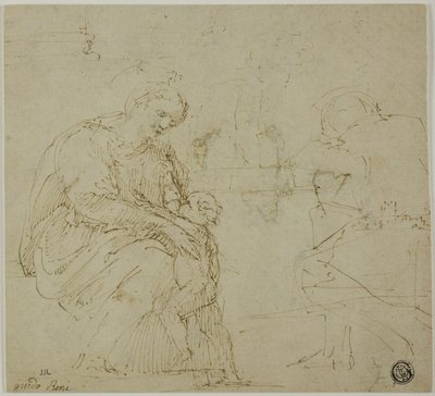 Skizzen von Jungfrau und Kind, sitzende Figur und Landschaft von Vincenzo Tamagni