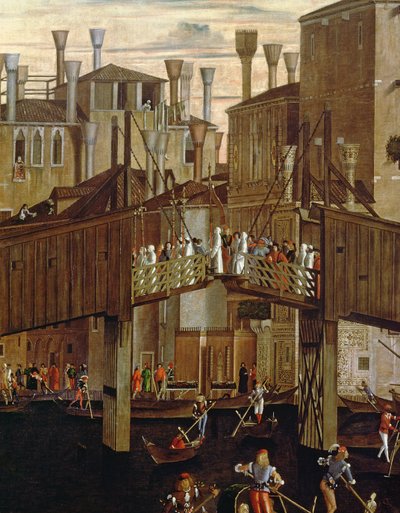 Das Wunder des Relikts des Heiligen Kreuzes, Detail der alten Rialto-Brücke von Vittore Carpaccio