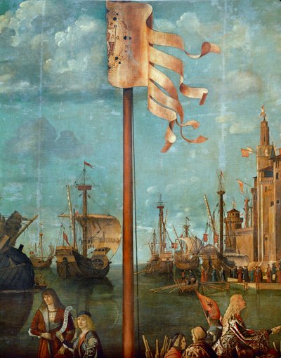 Das Treffen von Ursula und ihrem Verlobten Ereo: Schiffe und Flaggen von Vittore Carpaccio