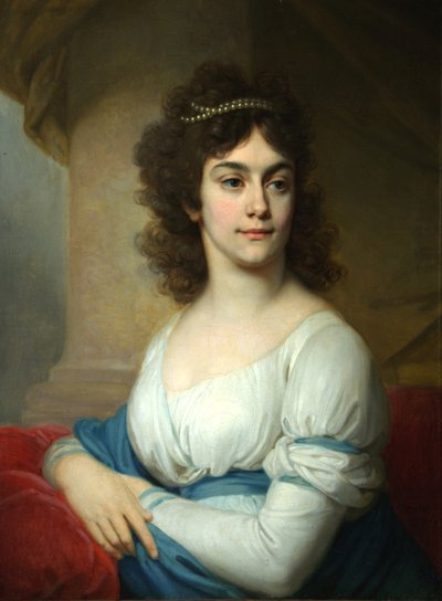 Porträt einer unbekannten Frau in weißem Kleid mit blauem Band, Ende 1790er von Vladimir Lukich Borovikovsky