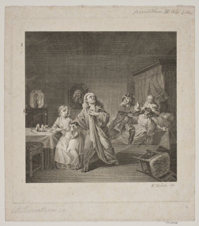 Barselsstuen III. Akt 6. Szene. Gravur nach Lorenzens Holberg Galerie. von WIlhelm Heuer