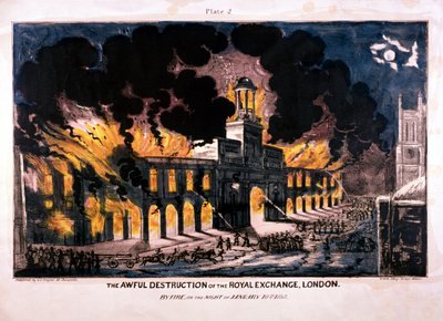 Die schreckliche Zerstörung der Royal Exchange 2. Feuer, London, 1838 von W Clerk