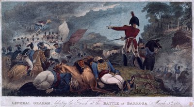 General Graham besiegt die Franzosen in der Schlacht von Barrosa, graviert von J. Edwards, veröffentlicht von Almanack Stationers, 1812 von W. Hal Brooke