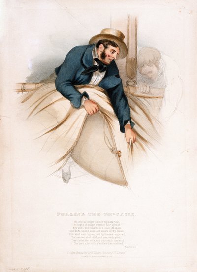 Schließt die oberen Segel. Farbige Lithographie des 19. Jahrhunderts von W. Kohler (?) von W. Kohler