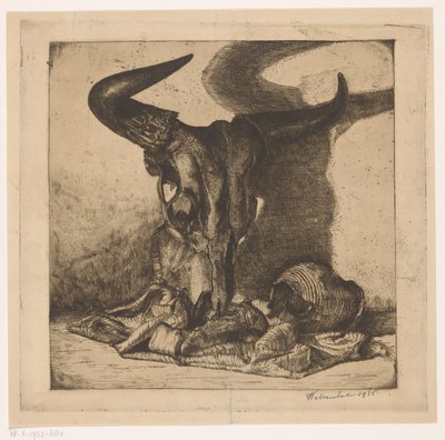 Stillleben mit Rinderschädel, Krug und Tuch von W. Marchal