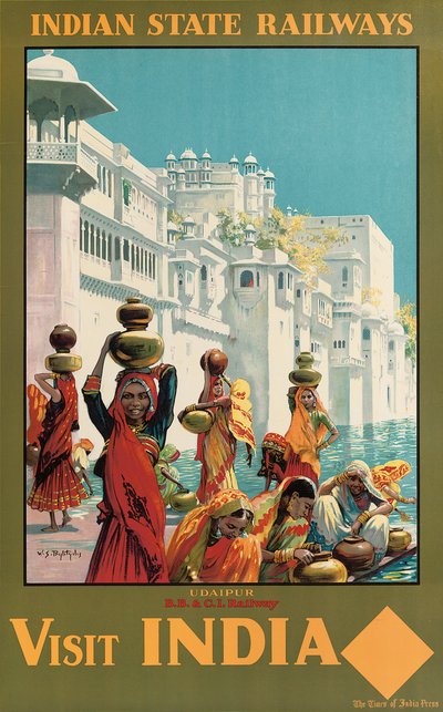 Besuchen Sie Indien, Udaipur, ein Werbeplakat für die Indian State Railways von W. S. Bylityllis