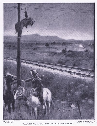 Beim Drahtschneiden erwischt, Illustration aus After Pretoria: The Guerilla War, 1902 von Wal Paget