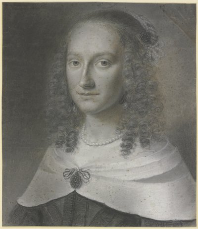 Brustbild einer Dame mit langen Locken und weißem Umschlagetuch, gehalten von einer Agraffe von Wallerant Vaillant