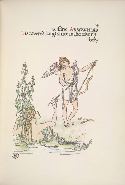 Ein Engel hält einen Pfeil, und eine Dame in einem Fluss oder See von Walter Crane