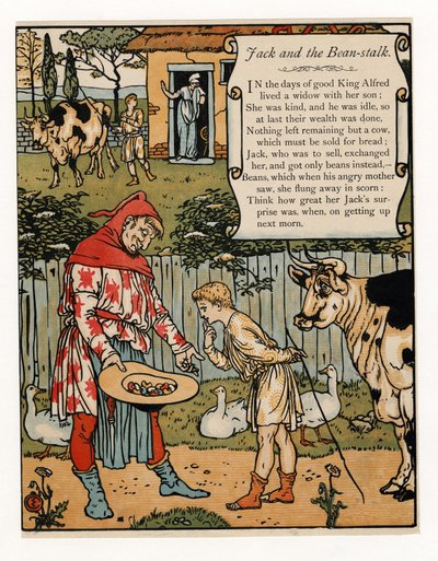 Jack verkauft seine Kuh für Bohnen, aus Das Blaue Bart Bilderbuch, veröffentlicht 1879 von Walter Crane
