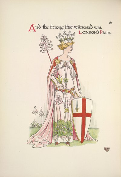 Londons Stolz. Eine junge Frau hält ein Schild mit dem Kreuz des heiligen Georg von Walter Crane
