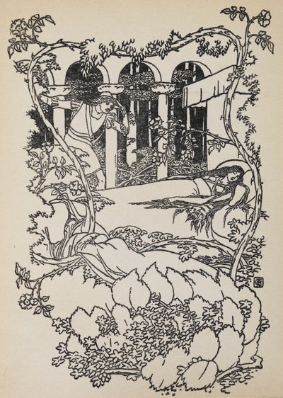 Prinz Charming findet Dornröschen schlafend in einem von Dornen überwucherten Gebäude. von Walter Crane