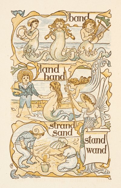 Reimwörter, die mit dem Buchstaben D enden. Meerjungfrauen. Kinder bauen Sandburgen am Strand. Der goldene Primer. von Walter Crane
